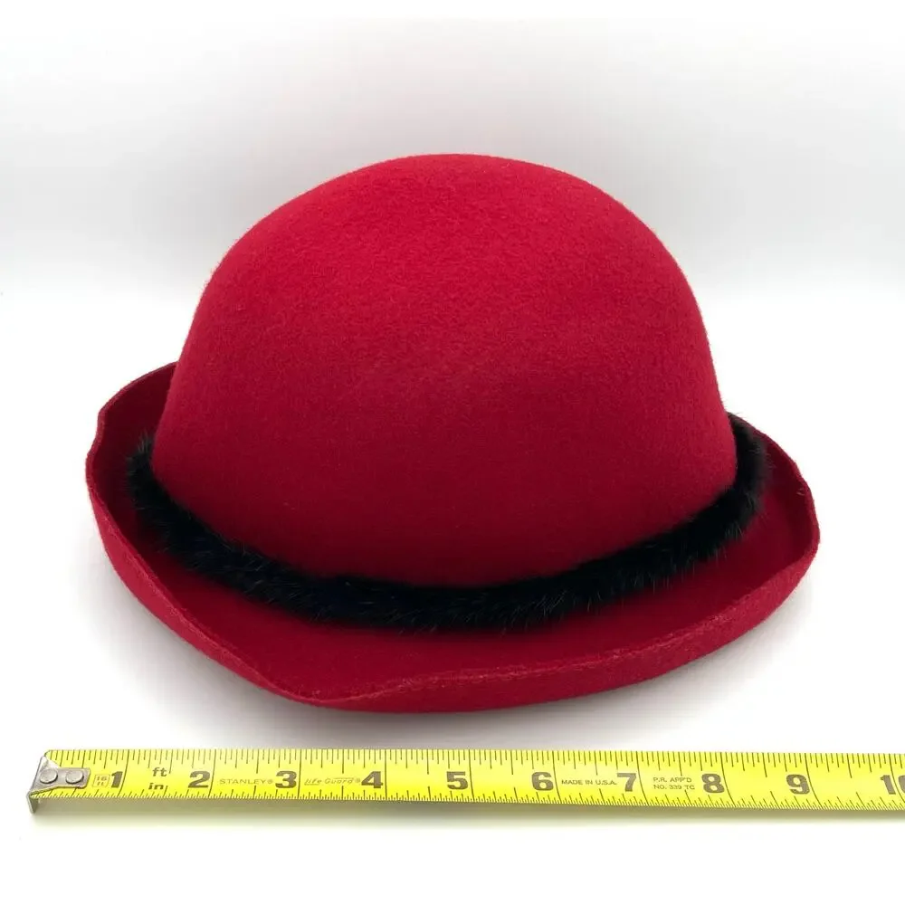 Vintage Liz Claiborne Red Wool Cloche Hat with Mink Fur Trim and Beaded Accent